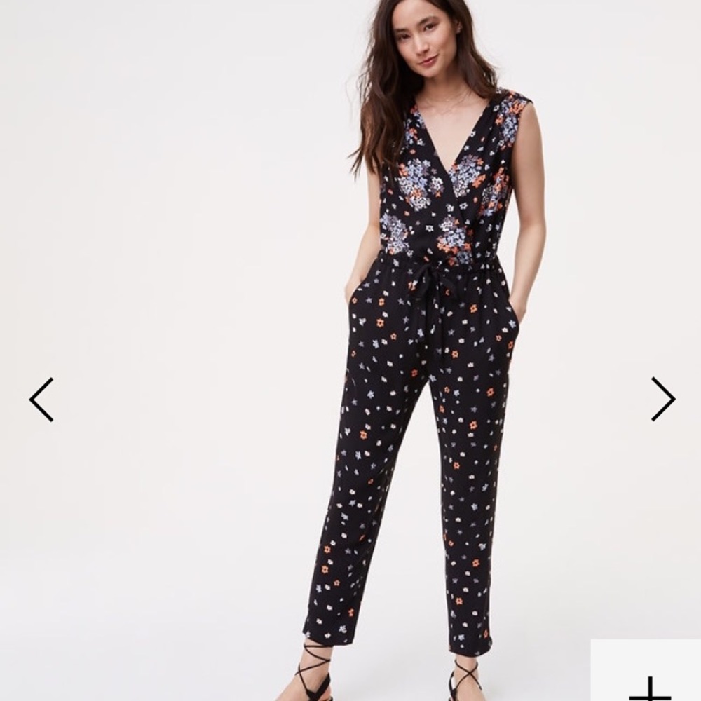 LOFT Black Floral Sleeveless Tie-Waist Jumpsuit